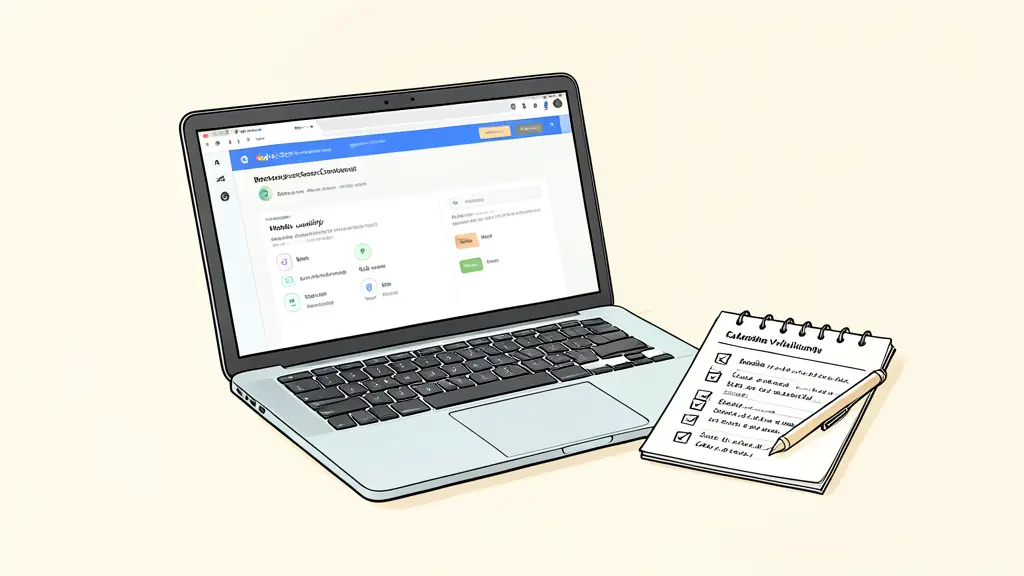 A professional workspace with a laptop showing a Google Search Console dashboard and a checklist of mobile usability and schema validation metrics on a notepad