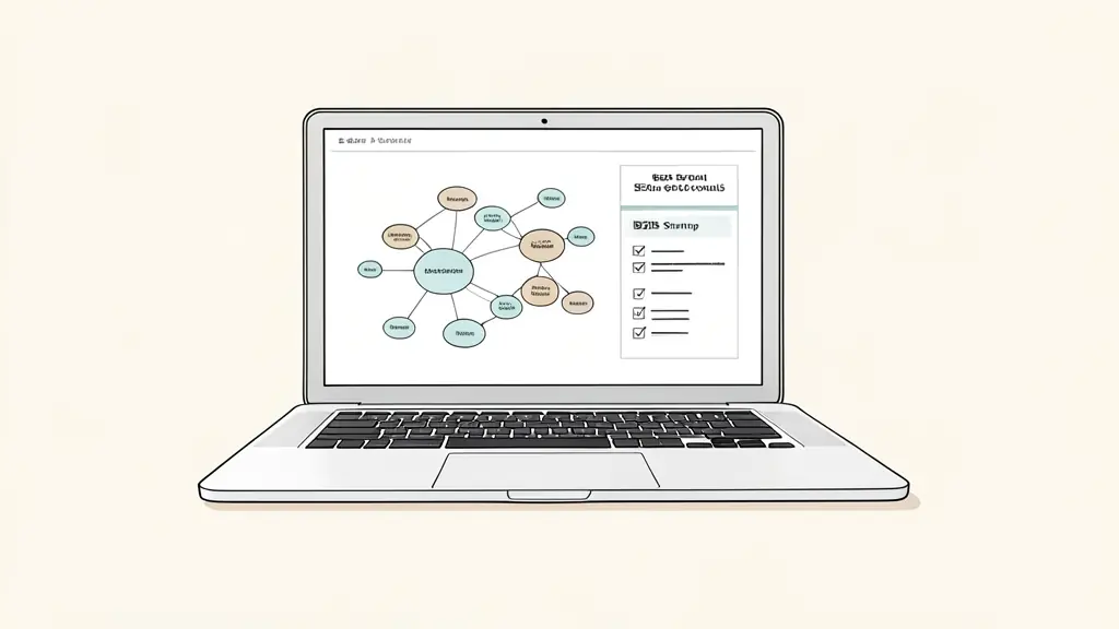 A professional workspace with a laptop displaying a keyword clustering map and a checklist for B2B startup SEO goals, editorial style, clean lighting