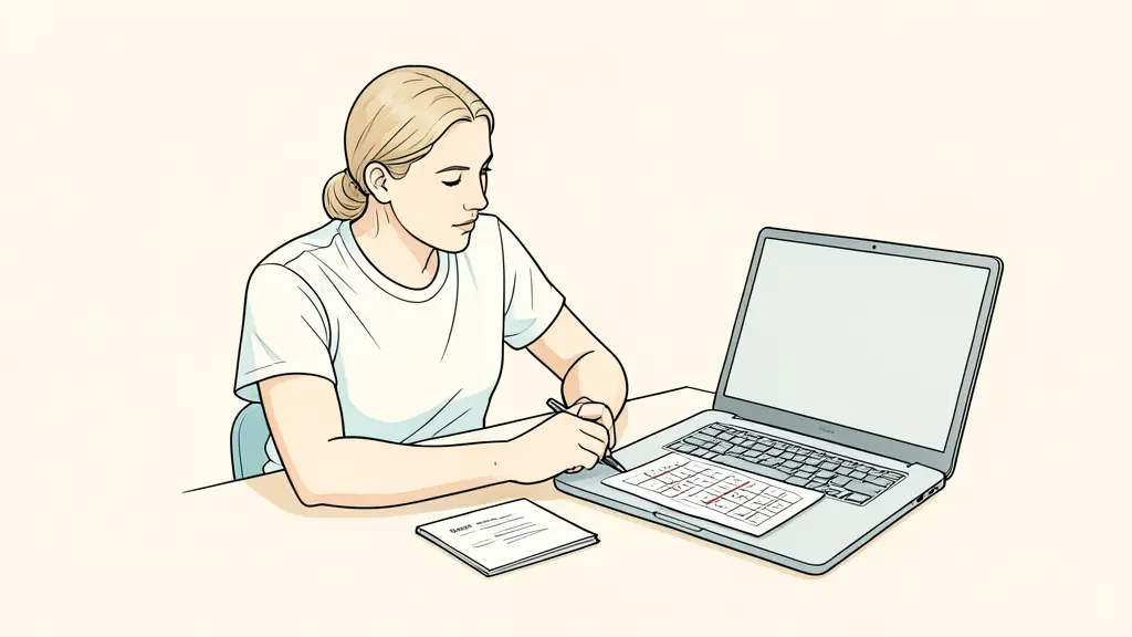 Editorial photograph of a content strategist reviewing a six-part prompt beside an evidence packet and a marked-up draft on a laptop, no text, no logos