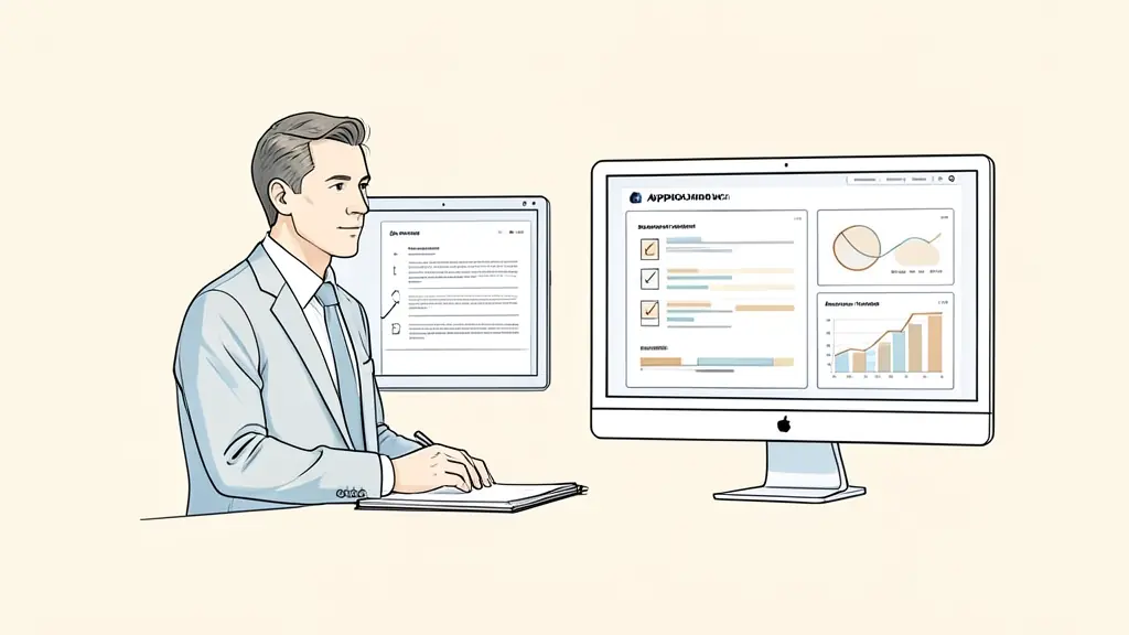 Editorial photograph of a strategist and editor reviewing a source-verified draft, an approval checklist, and performance metrics on two computer screens, no text, no logos