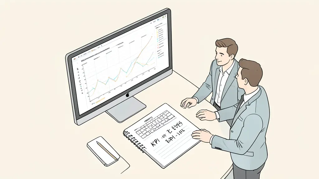 A high-angle shot of a modern office workspace with a large monitor displaying a complex project management Gantt chart, a notebook with handwritten KPI targets, and two professionals discussing a strategy document.