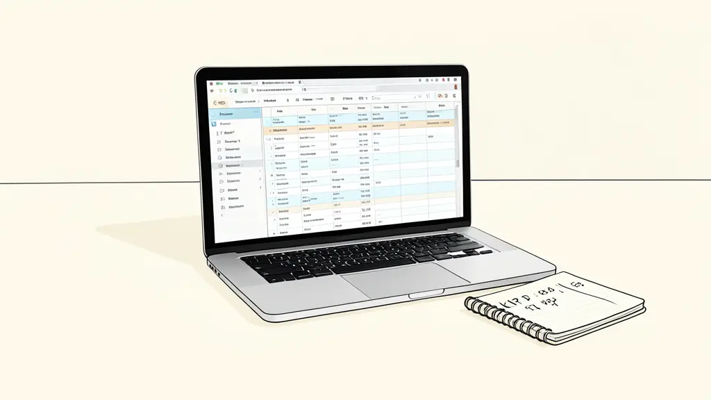 A professional workspace with a high-end laptop displaying a complex content audit spreadsheet, a notebook with handwritten KPI targets, and a clean, minimalist office background.