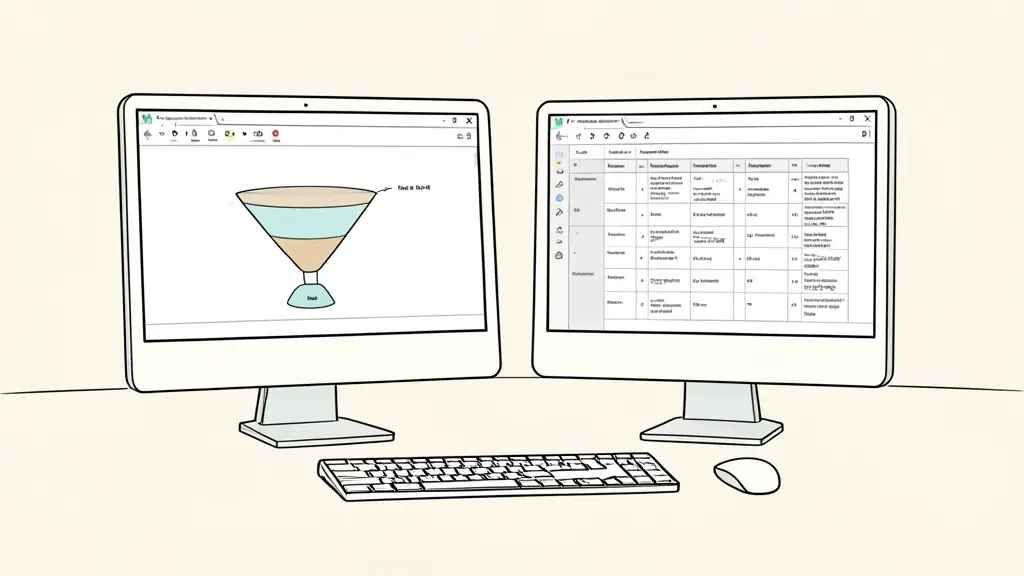A professional workspace with two monitors showing a conversion funnel and a keyword mapping spreadsheet, editorial style, high contrast