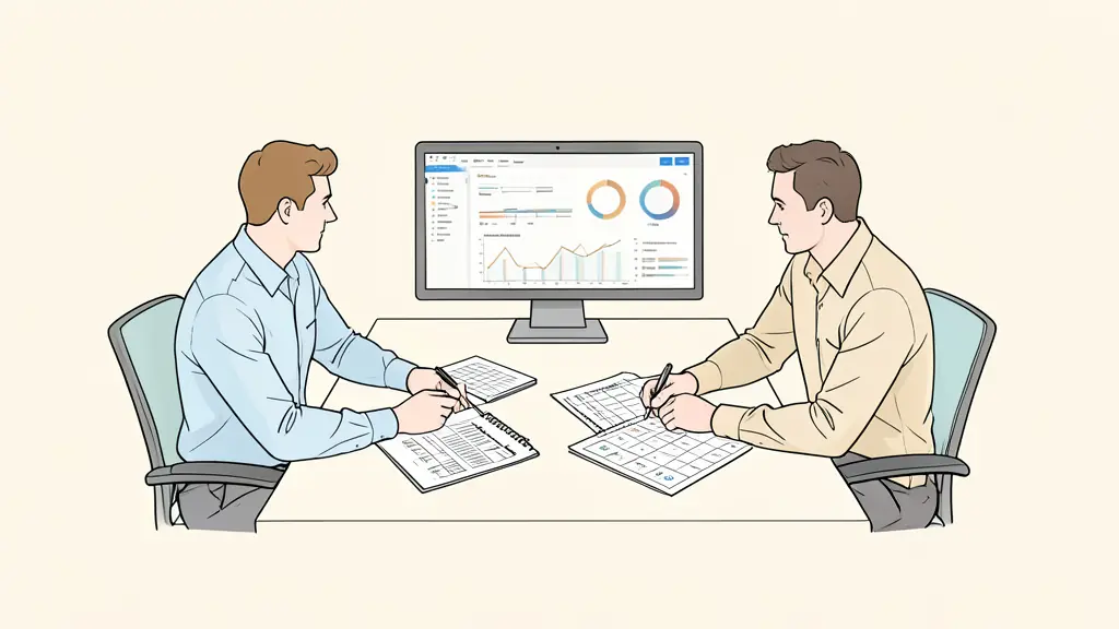 Editorial photograph of a marketing team reviewing an audit checklist, an analytics dashboard with unlabeled charts, and a responsibility matrix on a conference table, no text, no logos