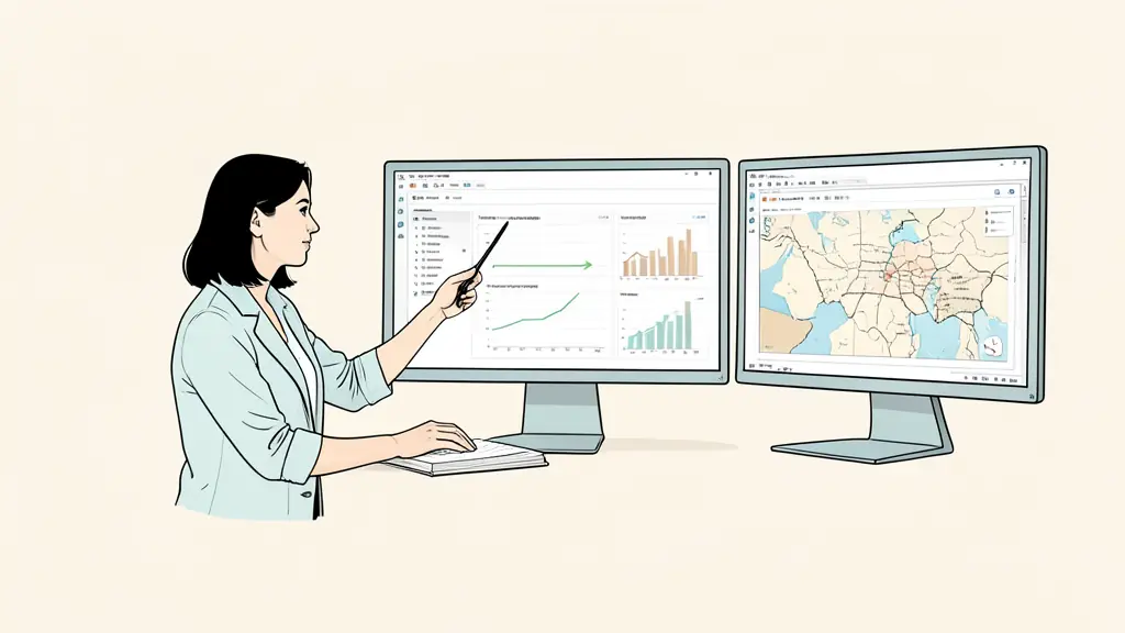 Editorial photograph of an SEO specialist reviewing an e-commerce category tree, server-log charts, and a local map listing on three monitors, no text or logos