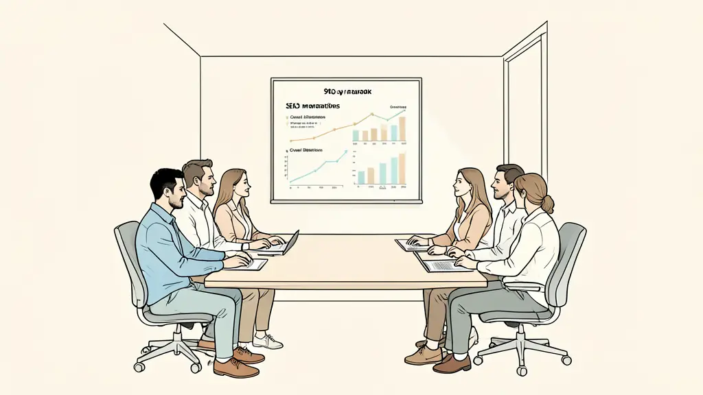 Editorial photograph of a marketing and development team reviewing a 90-day SEO roadmap, crawl diagnostics, and conversion charts in a conference room, no text or logos