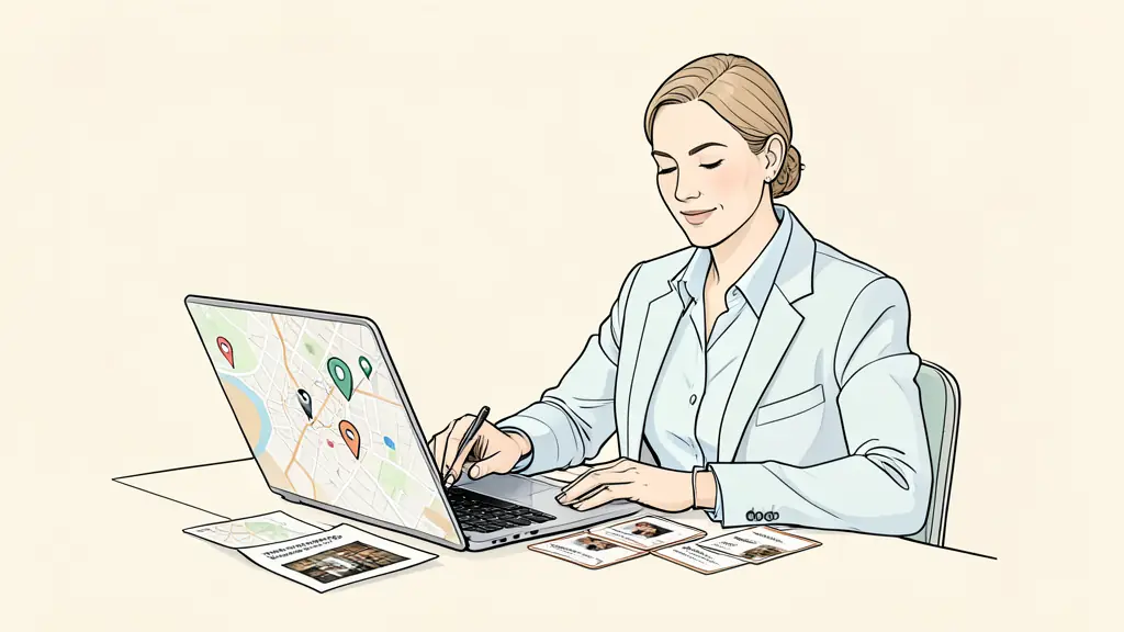 A business owner and marketing strategist reviewing neighborhood map pins, storefront photos, and customer review cards on a laptop, editorial photography, no text, no logos