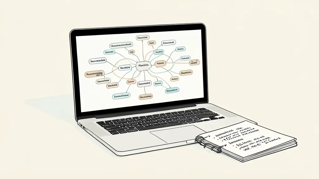 A professional workspace with a laptop showing a complex semantic map of interconnected marketing terms, a notebook with handwritten linguistic notes on lemmatization, and a clean, minimalist office background.
