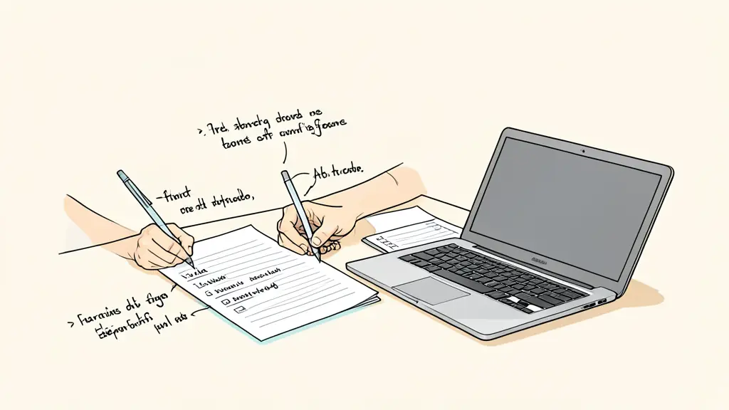 An editor revising a printed three-stage paragraph beside an open laptop, handwritten factual annotations in the margins, a source checklist on the desk