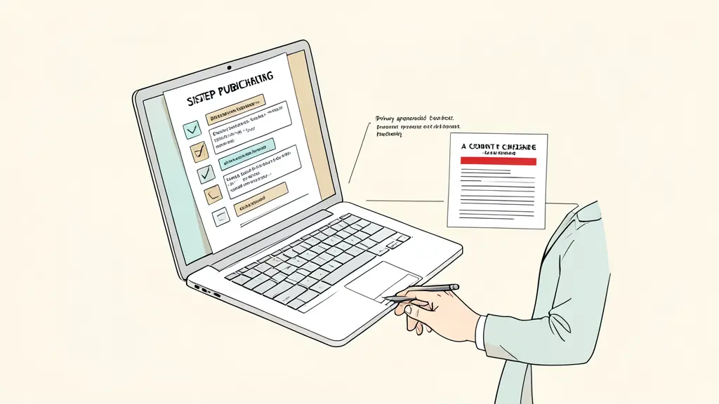 A content lead reviewing a seven-step publishing checklist on paper, source documents open on a laptop, privacy approval notes beside a redacted transcript
